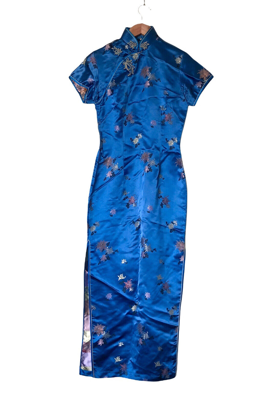 Vtg Chinese Blue Satin Cheongsam Dress Asian Oriental Floral Contrast Sz 34