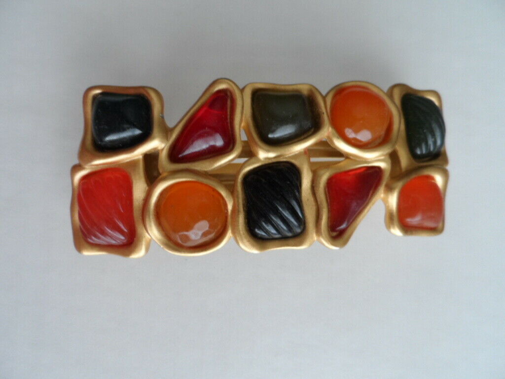 Vintage  Large Hair Clip Gold Tone Made France Orange Red Green Yellow Blue